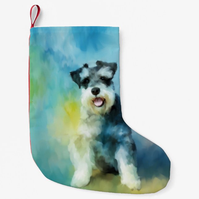 Petite Chaussette De Noël Schnauzer Miniature Dog Eau Couleur Art Peinture (Devant)
