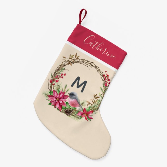 Petite Chaussette De Noël Serre rustique Poinsetta Berries d'oiseaux Monogra (Devant (Accrochage))