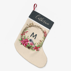 Petite Chaussette De Noël Serre rustique Poinsetta Berries d'oiseaux Monogra