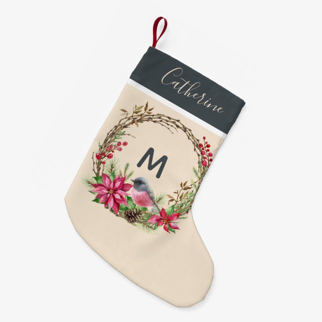Petite Chaussette De Noël Serre rustique Poinsetta Berries d'oiseaux Monogra (Devant (Accrochage))