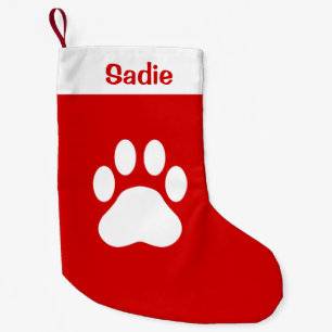 Petite Chaussette De Noël Silhouette Paw Chien Rouge Et Blanc Avec Nom Perso