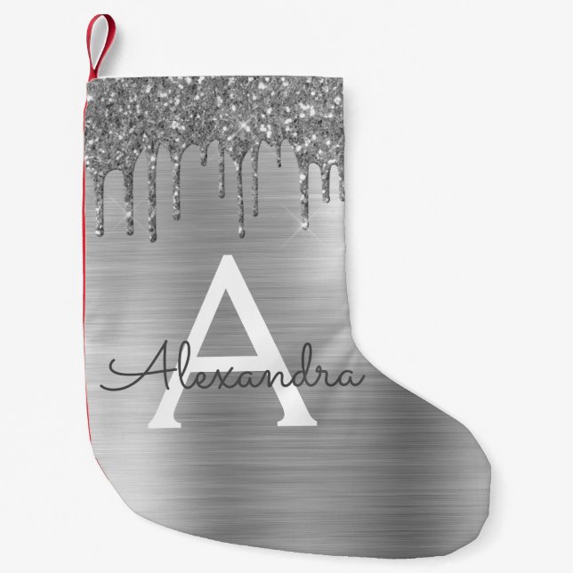 Petite Chaussette De Noël Silver Glitter Brushed metal Monogram (Devant)