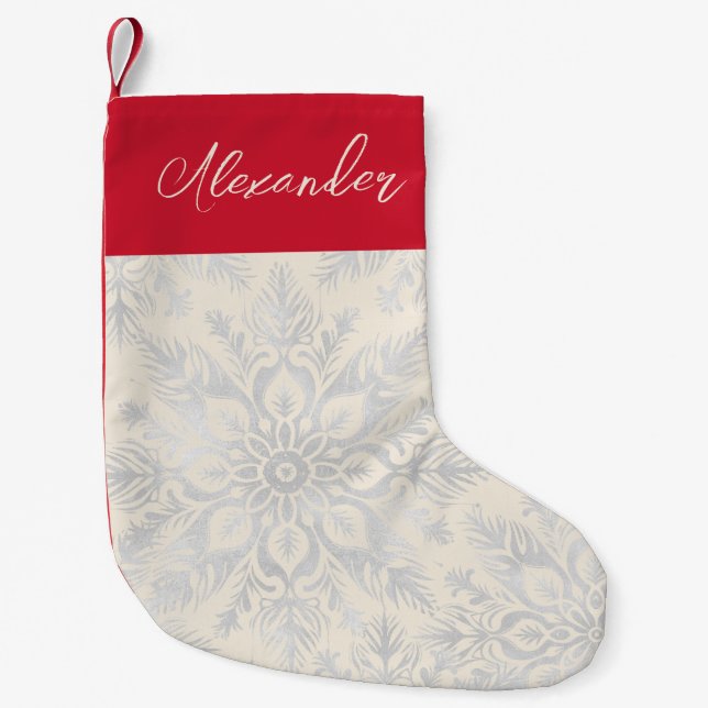 Petite Chaussette De Noël Silver Snowflake Custom Name  (Devant)