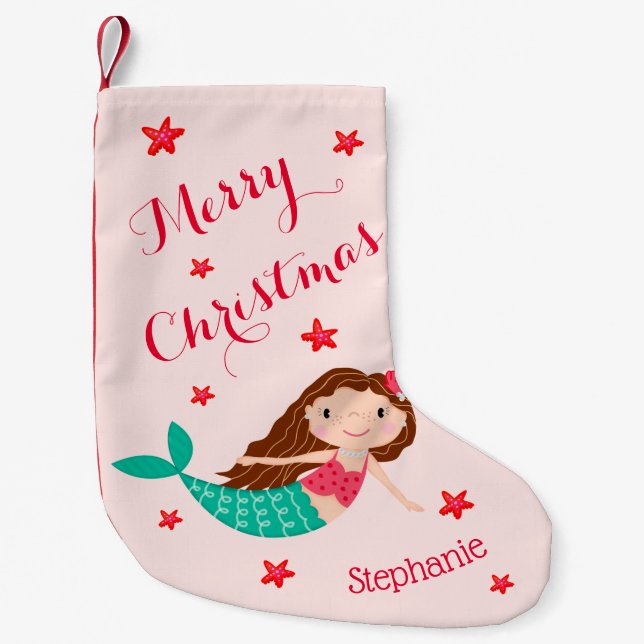 Petite Chaussette De Noël Sirène Noël Personnalisé Rose Noir (Devant)