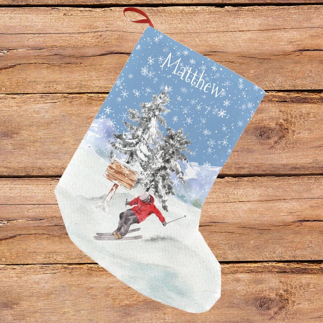 Petite Chaussette De Noël Ski Skier Neige Personnalisée Aquarelle (Créateur téléchargé)