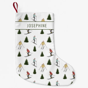 Petite Chaussette De Noël Skieurs dans un motif hivernal à l'aquarelle avec