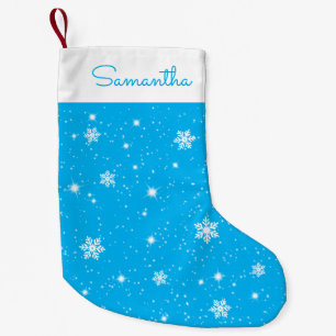 Petite Chaussette De Noël Sky Blue White Snowflakes Étoiles Motif avec nom