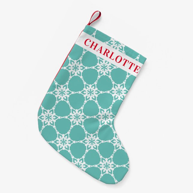 Petite Chaussette De Noël SNOWFLAKE moderne élégant motif menthe vert blanc (Devant (Accrochage))