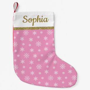 Petite Chaussette De Noël Snowflakes motif rose nom personnalisé