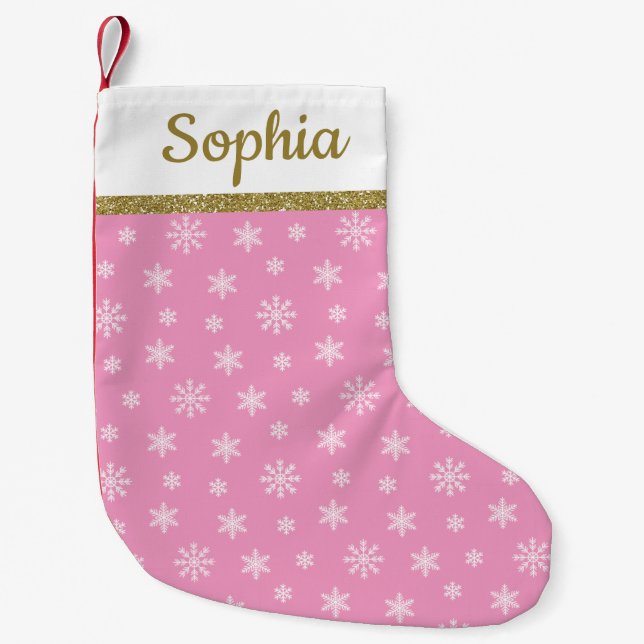 Petite Chaussette De Noël Snowflakes motif rose nom personnalisé (Devant)