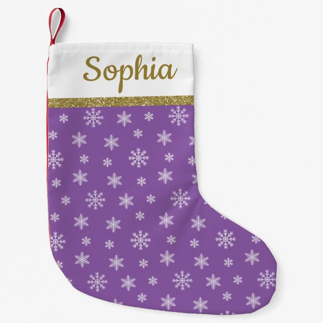 Petite Chaussette De Noël Snowflakes Nom personnalisé du motif violet (Devant)