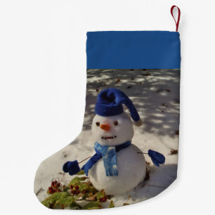 Petite Chaussette De Noël Snowman avec casquette bleu, gants et écharpe