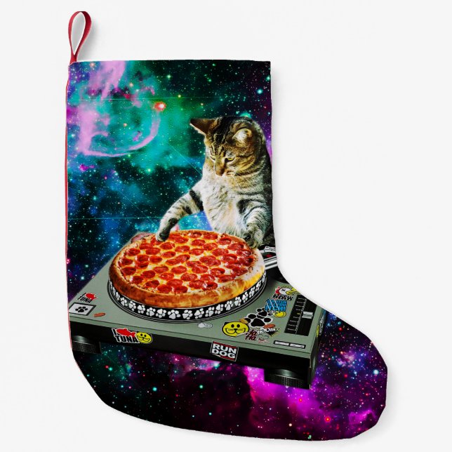 Petite Chaussette De Noël Space dj chat pizza (Devant)