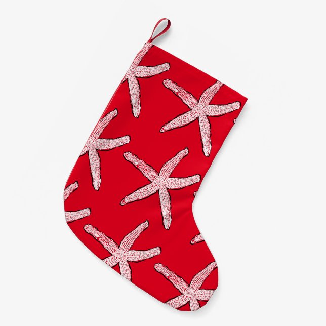 Petite Chaussette De Noël Starfish Motif Beach Rouge Blanc Noël 2020 (Devant (Accrochage))