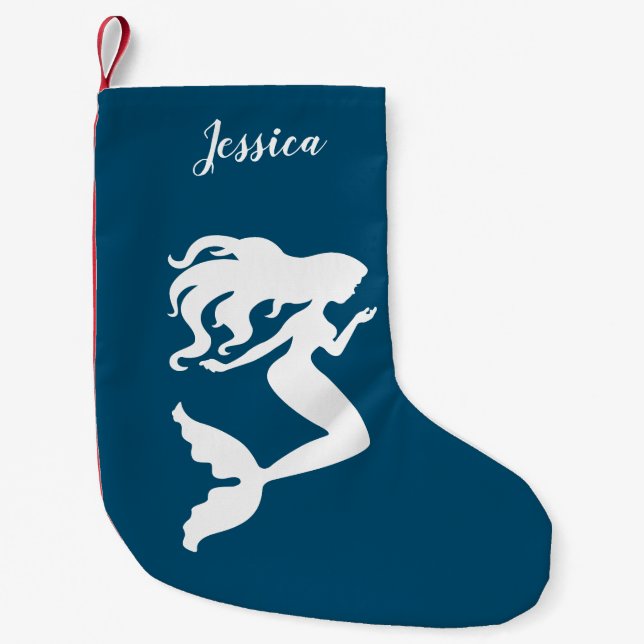 Petite Chaussette De Noël Stockage personnalisé de sirènes bleues et blanche (Devant)