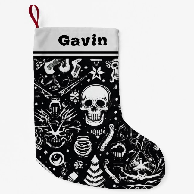 Petite Chaussette De Noël Stocker crâne noir et blanc (Devant)