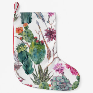 Petite Chaussette De Noël Style Boho, Aquarelle Vintage Cactus.
