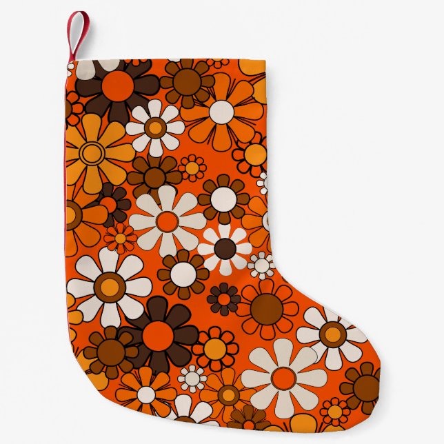 Petite Chaussette De Noël Super les années 70 rétro Floral Orange et Motif B (Devant)