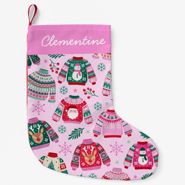 Petite Chaussette De Noël Sweaters de Noël moches sur rose avec nom (Devant)