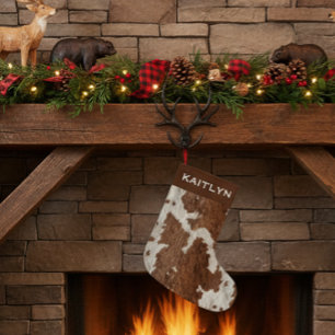 Petite Chaussette De Noël Taches de fourrure de vache rustique marron blanc