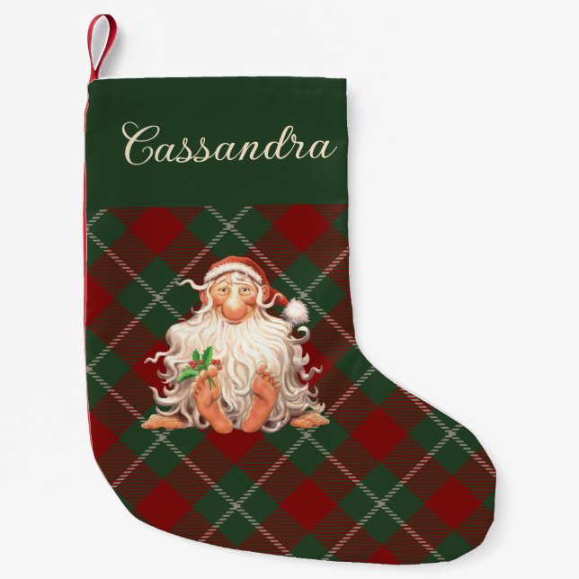 Petite Chaussette De Noël Tartan de Père Noël rétro plaid avec nom (Devant)