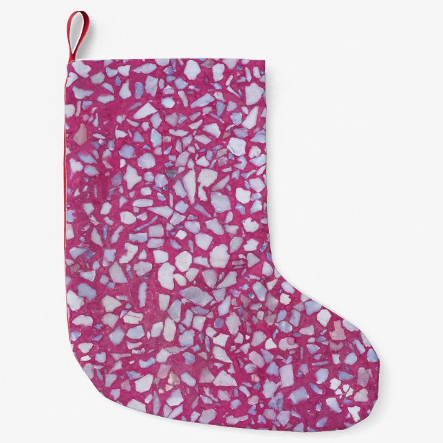 Petite Chaussette De Noël Terrazzo Texture : Elégance blanche rose. (Devant)