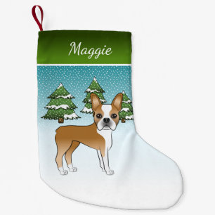 Petite Chaussette De Noël Tervueren Boston Terrier Dans Une Forêt D'Hiver & 