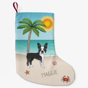 Petite Chaussette De Noël Tervueren Boston Terrier noir sur une plage tropic