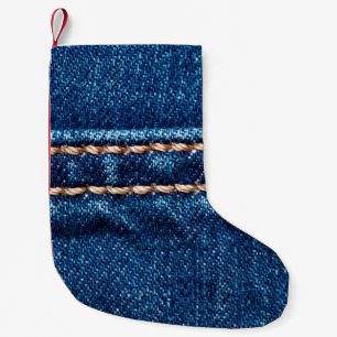 Petite Chaussette De Noël Texture de denim bleu avec couture, Jeans