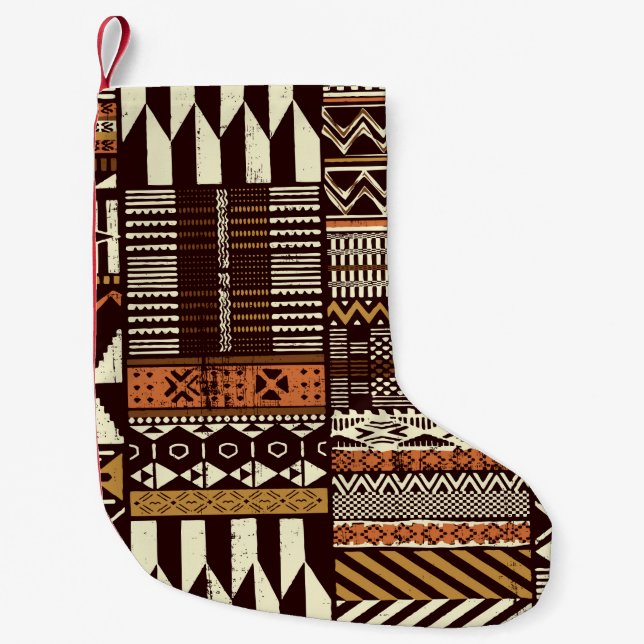 Petite Chaussette De Noël Tissu tribal africain patchwork abstrait vin (Devant)