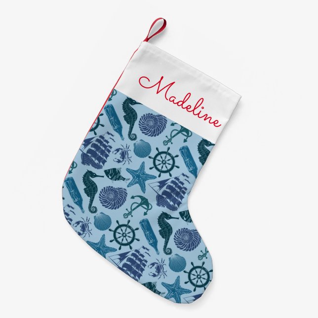Petite Chaussette De Noël Tons Nautiques Du Motif Bleu| Ajouter votre nom (Devant (Accrochage))