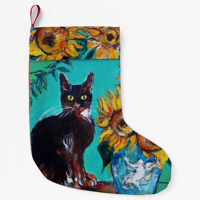 PETITE CHAUSSETTE DE NOËL TOURNESOLS AVEC LE CAT NOIR EN TURQUOISE BLEUE (Devant)