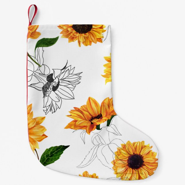 Petite Chaussette De Noël Tournesols dessinés à la main : motif jaune vif. (Devant)