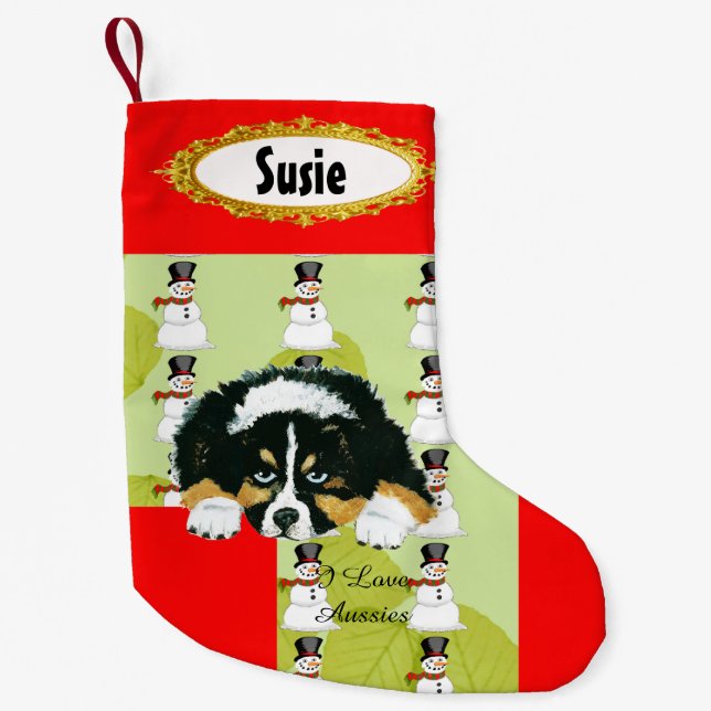 Petite Chaussette De Noël Tri bas noir du chiot w/Snowman (Devant)