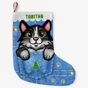 Petite Chaussette De Noël Tuxedo Chat à Faux Denim Poche avec nom personnali