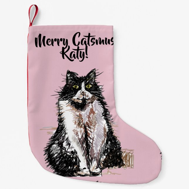 Petite Chaussette De Noël Tuxedo Chat Merry Catsmus rose Noël Stocker (Devant)