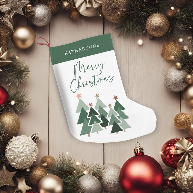 Petite Chaussette De Noël Typographie des arbres de Noël rustiques (Cute Rustic Christmas Trees Typography Small Christmas Stocking)