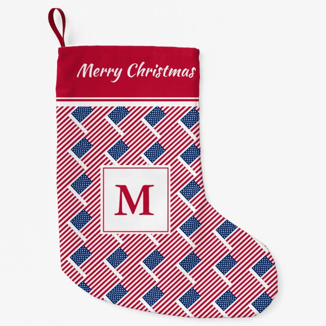 Petite Chaussette De Noël USA AMERICA Drapeau Monogramme Texte personnalisé (Devant)