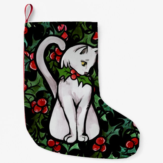 Petite Chaussette De Noël Vacances Noël Holly White Chat (Devant)