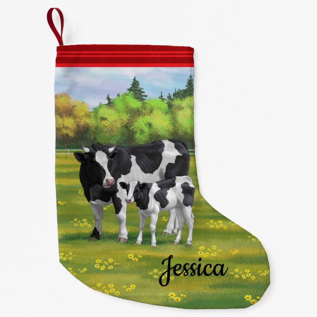 Petite Chaussette De Noël Vache Holstein et veau mignon en pâturage d'été (Devant)