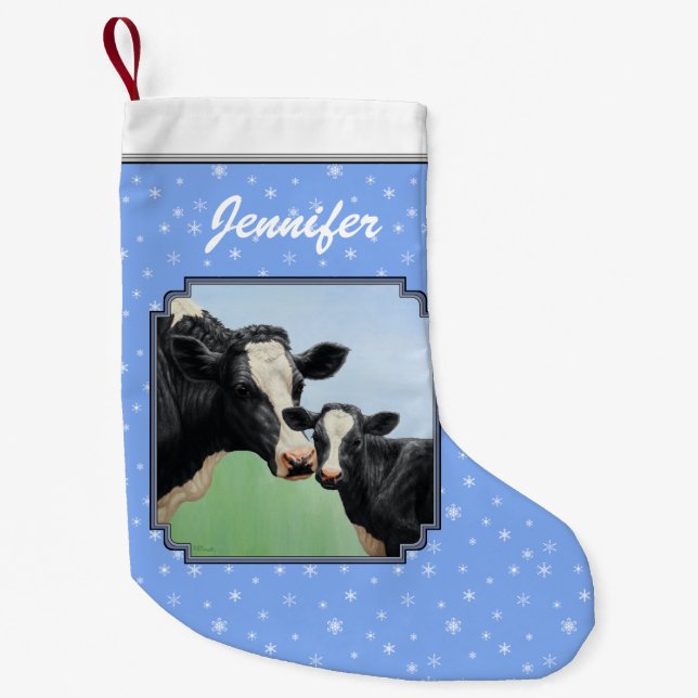 Petite Chaussette De Noël Vache Holstein noire et veau mignon (Devant)