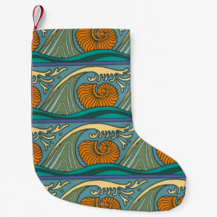 Petite Chaussette De Noël Vagues de l'océan bleu motif coquille de nautile A