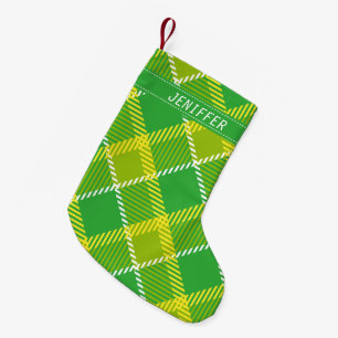 Petite Chaussette De Noël Verte Monographique Et Jaune Plaid