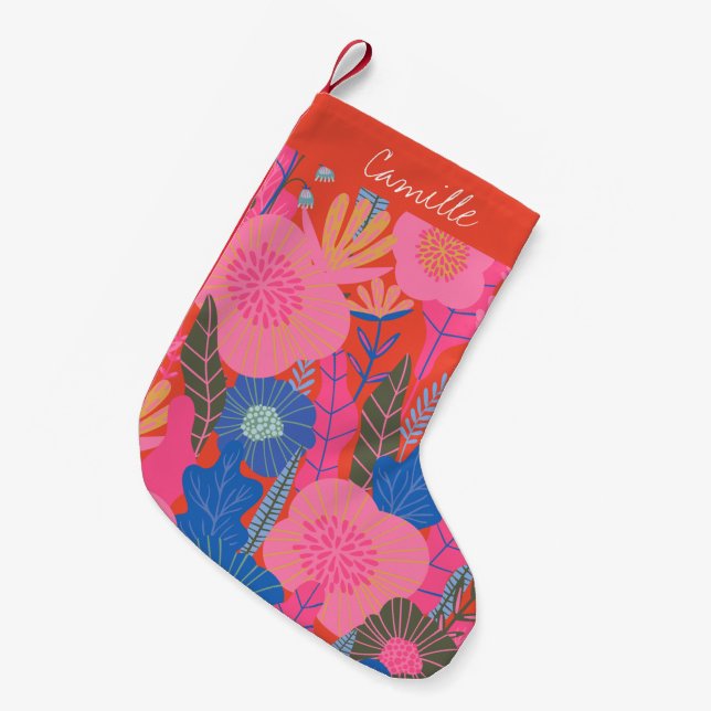 Petite Chaussette De Noël Vibrant Tropical Floral Jungle Rouge Personnalisé (Devant (Accrochage))