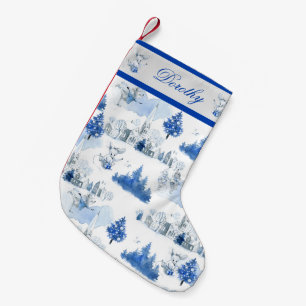 Petite Chaussette De Noël Village de vacances Victorian bleu et blanc