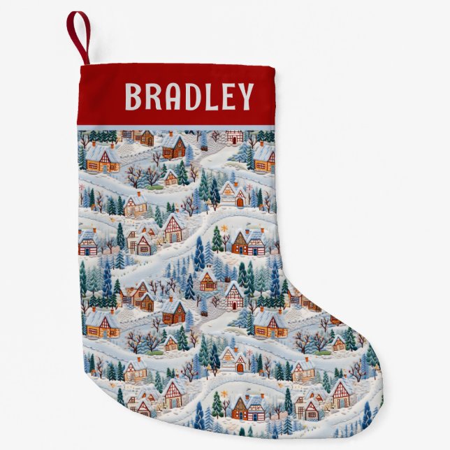Petite Chaussette De Noël Village d'hiver de Noël Brodé Personnalisé (Devant)