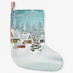 Petite Chaussette De Noël Village paysage d'hiver avec maisons couvertes de 