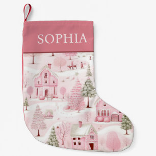 Petite Chaussette De Noël Village Rose Paysage d'Hiver Filles