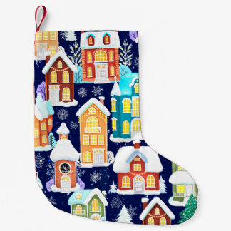 Petite Chaussette De Noël Ville d'hiver avec maisons victoriennes. Thème de