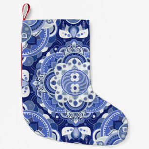 Petite Chaussette De Noël Vintage bleu géométrique, ornement indien.